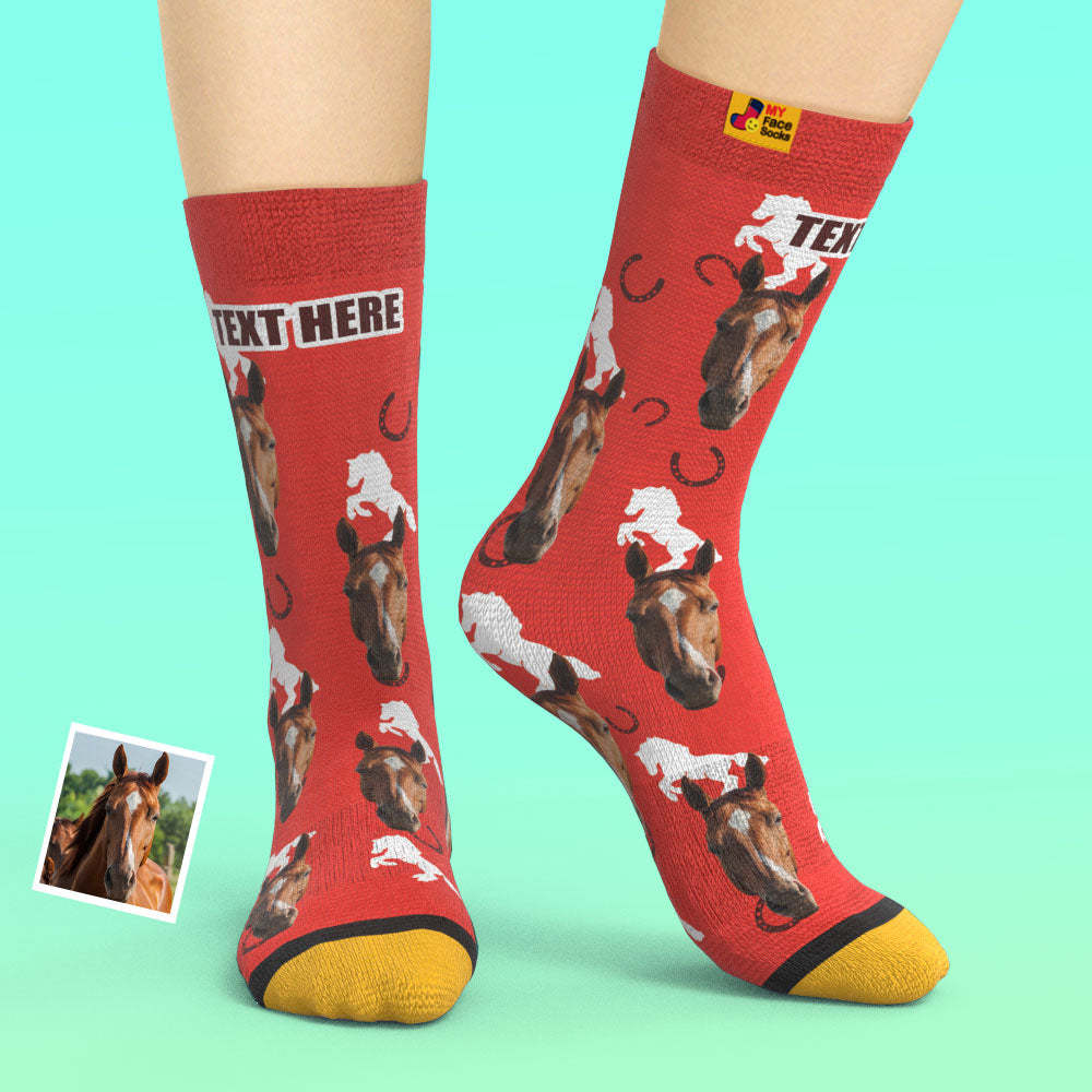 Custom 3D Digital Printed Socks Add Pictures and Name Horse - MyFaceSocksUK