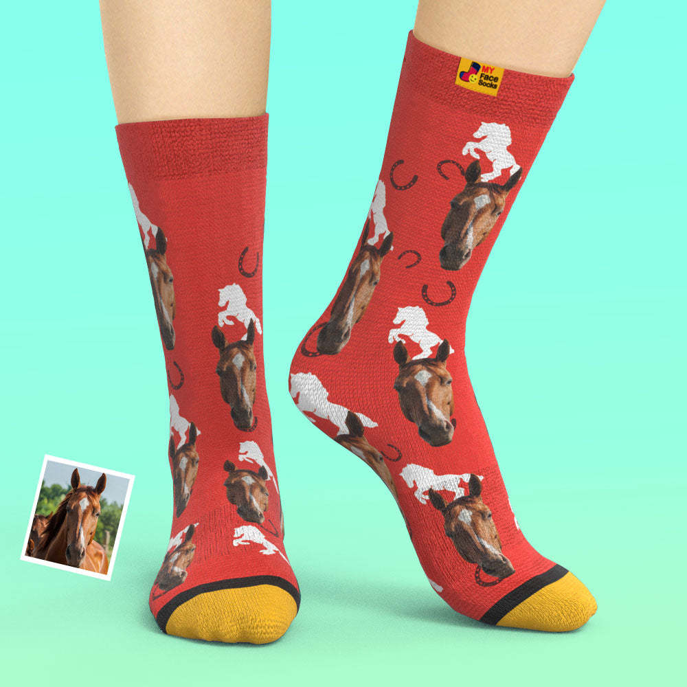 Custom 3D Digital Printed Socks Add Pictures and Name Horse - MyFaceSocksUK