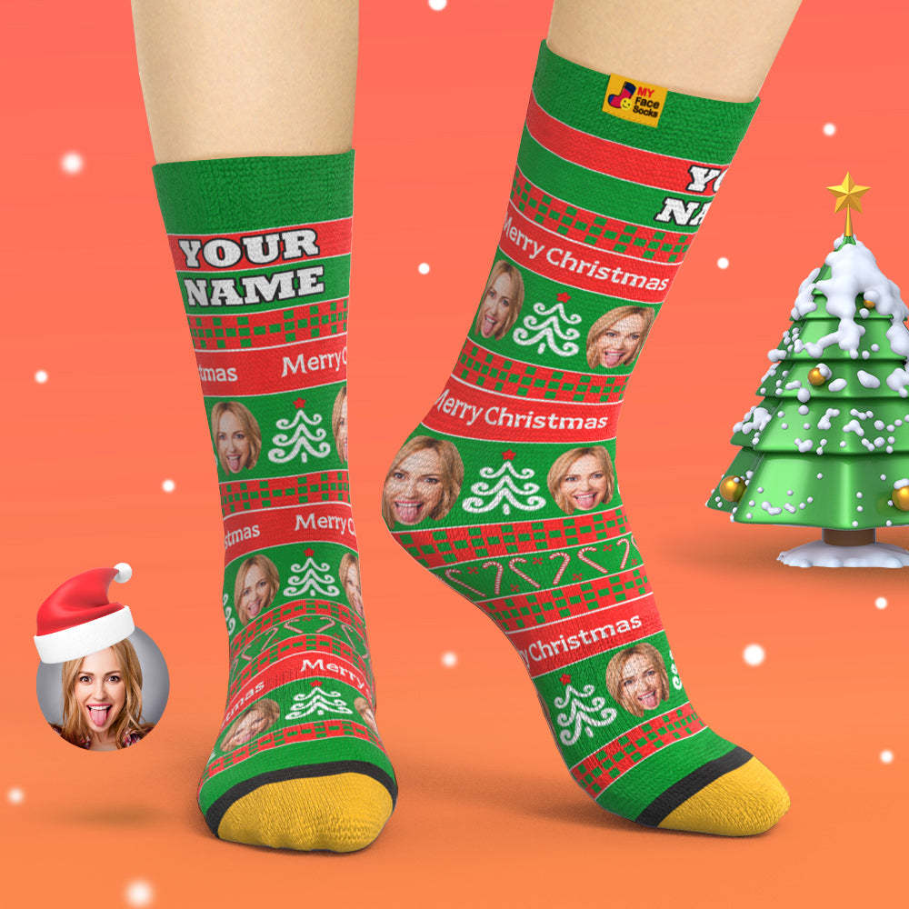 Custom 3D Digital Printed Socks Add Pictures and Name Green Santa Socks Christmas Gift - MyFaceSocksUK