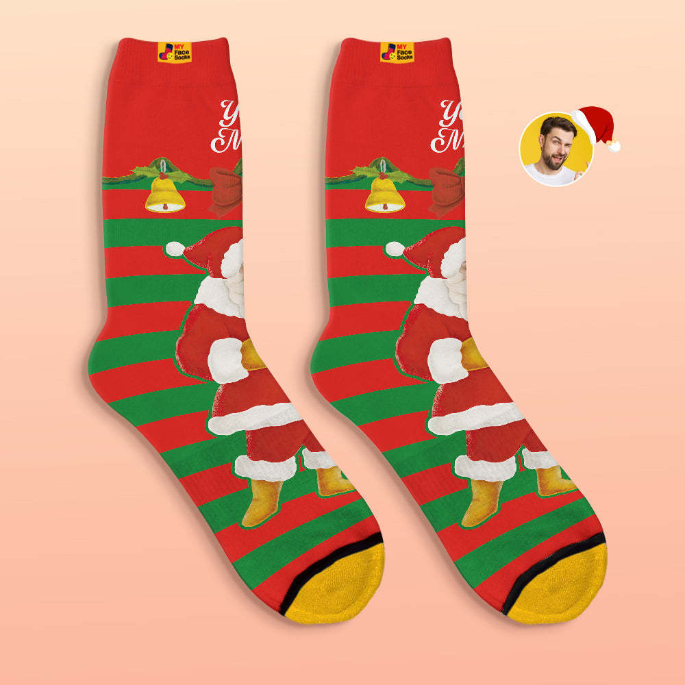 Custom 3D Digital Printed Socks Santa Claus Christmas Bells Socks - MyFaceSocksUK