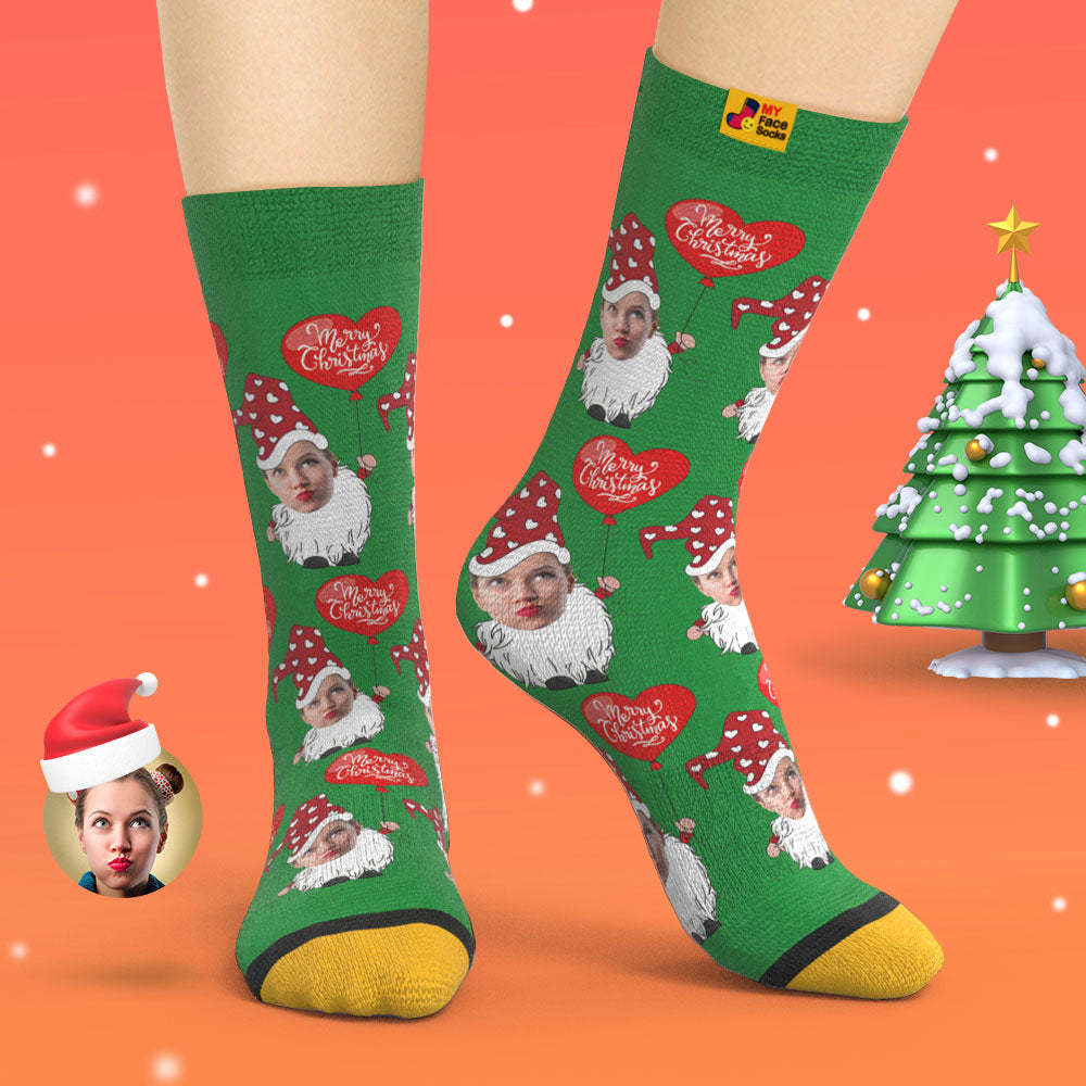 Custom 3D Digital Printed Socks Christmas Gnome With Heart Shaped Balloon Christmas Socks - MyFaceSocksUK