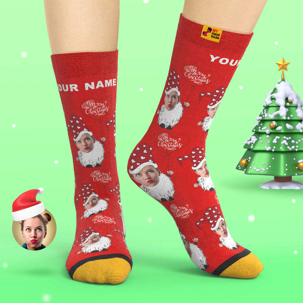 Custom 3D Digital Printed Socks Christmas Gnome With Heart Shaped Balloon Christmas Socks - MyFaceSocksUK