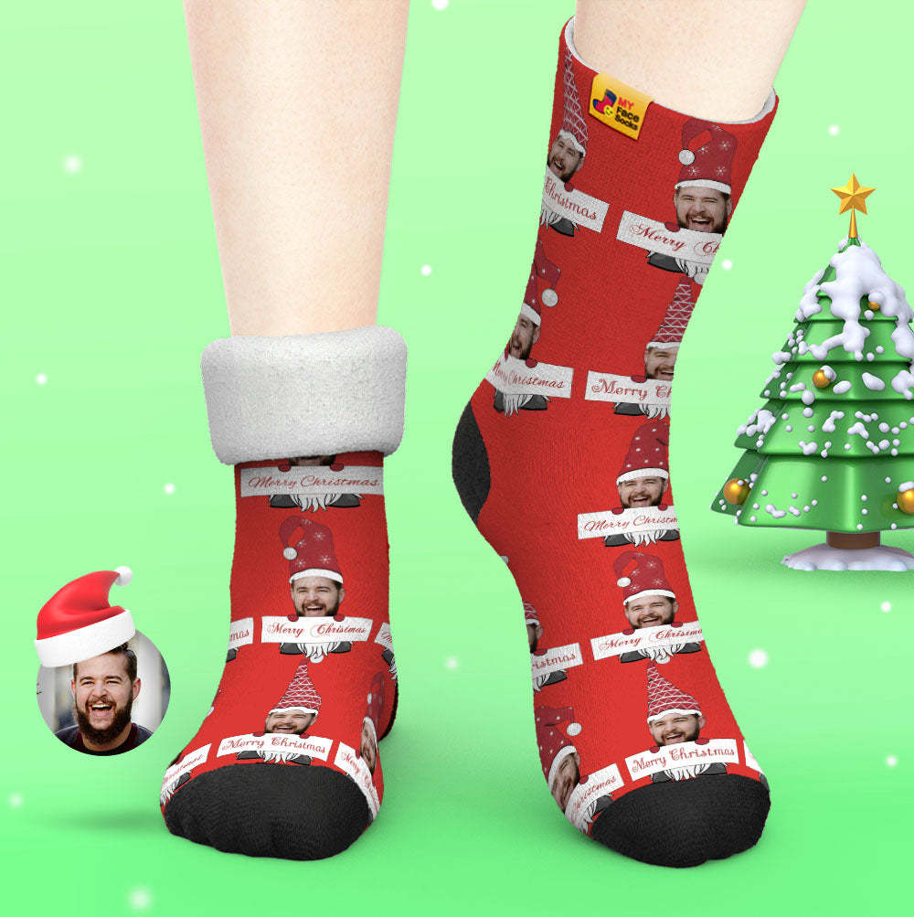 Custom Thick Socks Photo Autumn Winter Warm Socks Christmas Gnome Socks Merry Christmas - MyFaceSocksUK