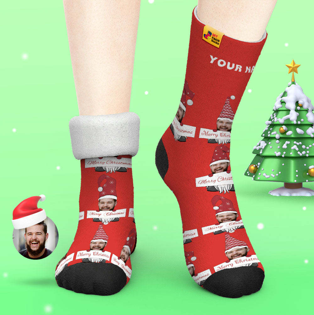 Custom Thick Socks Photo Autumn Winter Warm Socks Christmas Gnome Socks Merry Christmas - MyFaceSocksUK