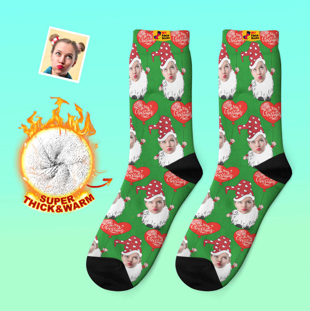 Custom Thick Socks Photo Autumn Winter Warm Socks Christmas Gnome With Heart Shaped Balloon Christmas Socks - MyFaceSocksUK