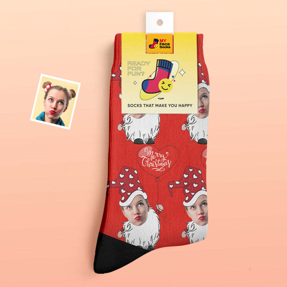 Custom Thick Socks Photo Autumn Winter Warm Socks Christmas Gnome With Heart Shaped Balloon Christmas Socks - MyFaceSocksUK