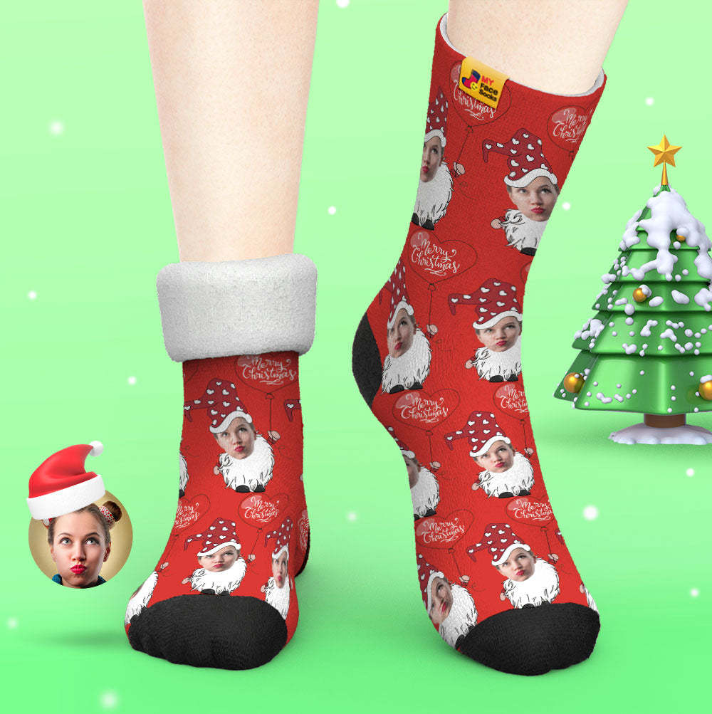 Custom Thick Socks Photo Autumn Winter Warm Socks Christmas Gnome With Heart Shaped Balloon Christmas Socks - MyFaceSocksUK