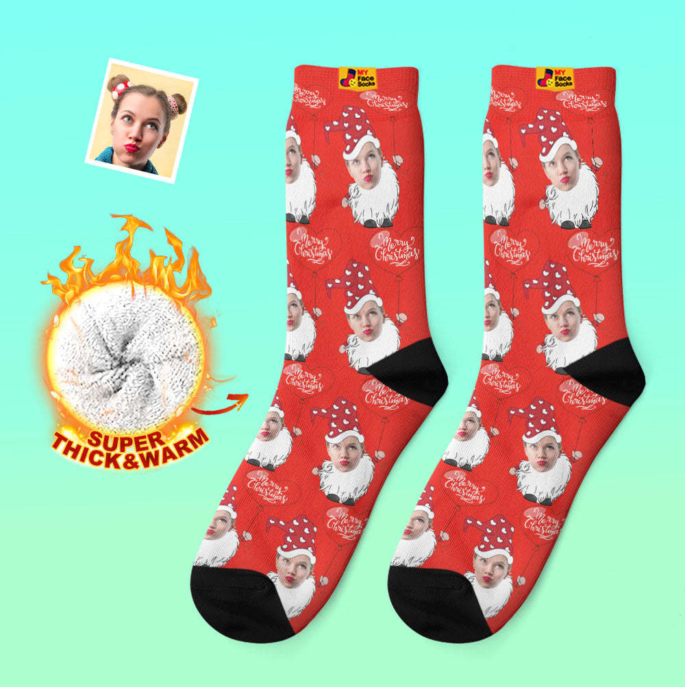 Custom Thick Socks Photo Autumn Winter Warm Socks Christmas Gnome With Heart Shaped Balloon Christmas Socks - MyFaceSocksUK