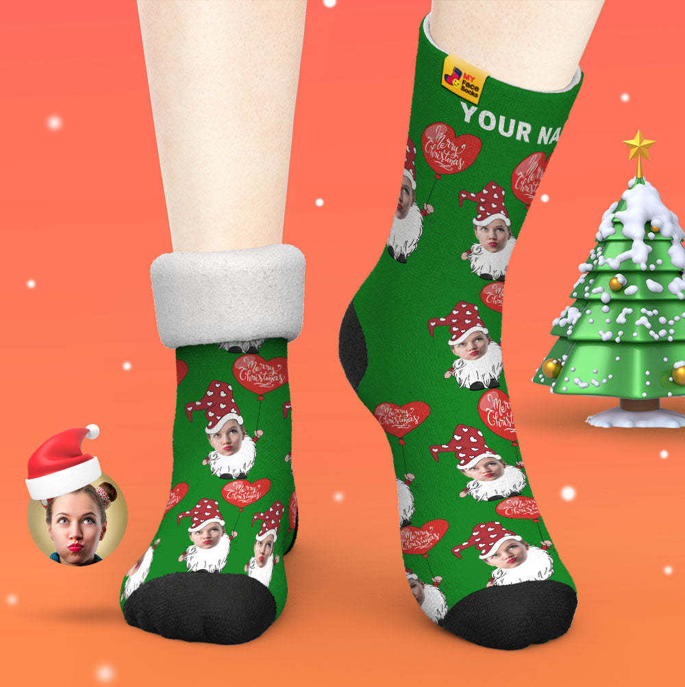 Custom Thick Socks Photo Autumn Winter Warm Socks Christmas Gnome With Heart Shaped Balloon Christmas Socks - MyFaceSocksUK