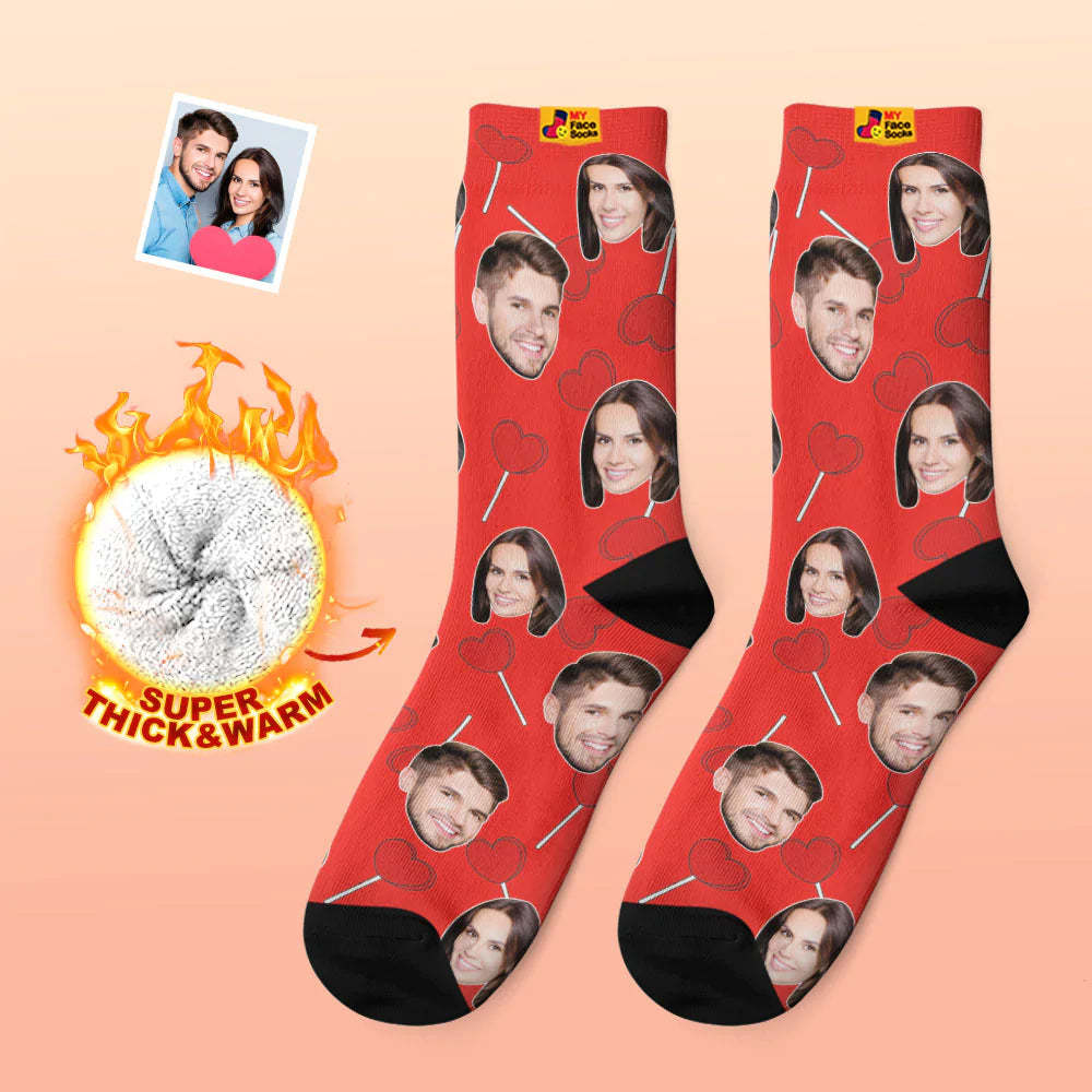 Custom Thick Photo Socks Valentine's Day Gift Warm Socks Heart Lollipops Face Socks - MyFaceSocksUK
