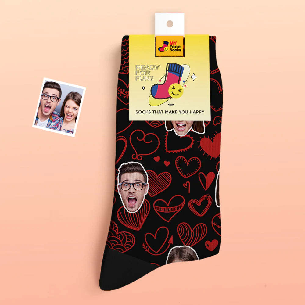 Custom Thick Photo Socks Valentine's Day Gift Warm Socks Fluttering Hearts All-Over Face Socks - MyFaceSocksUK