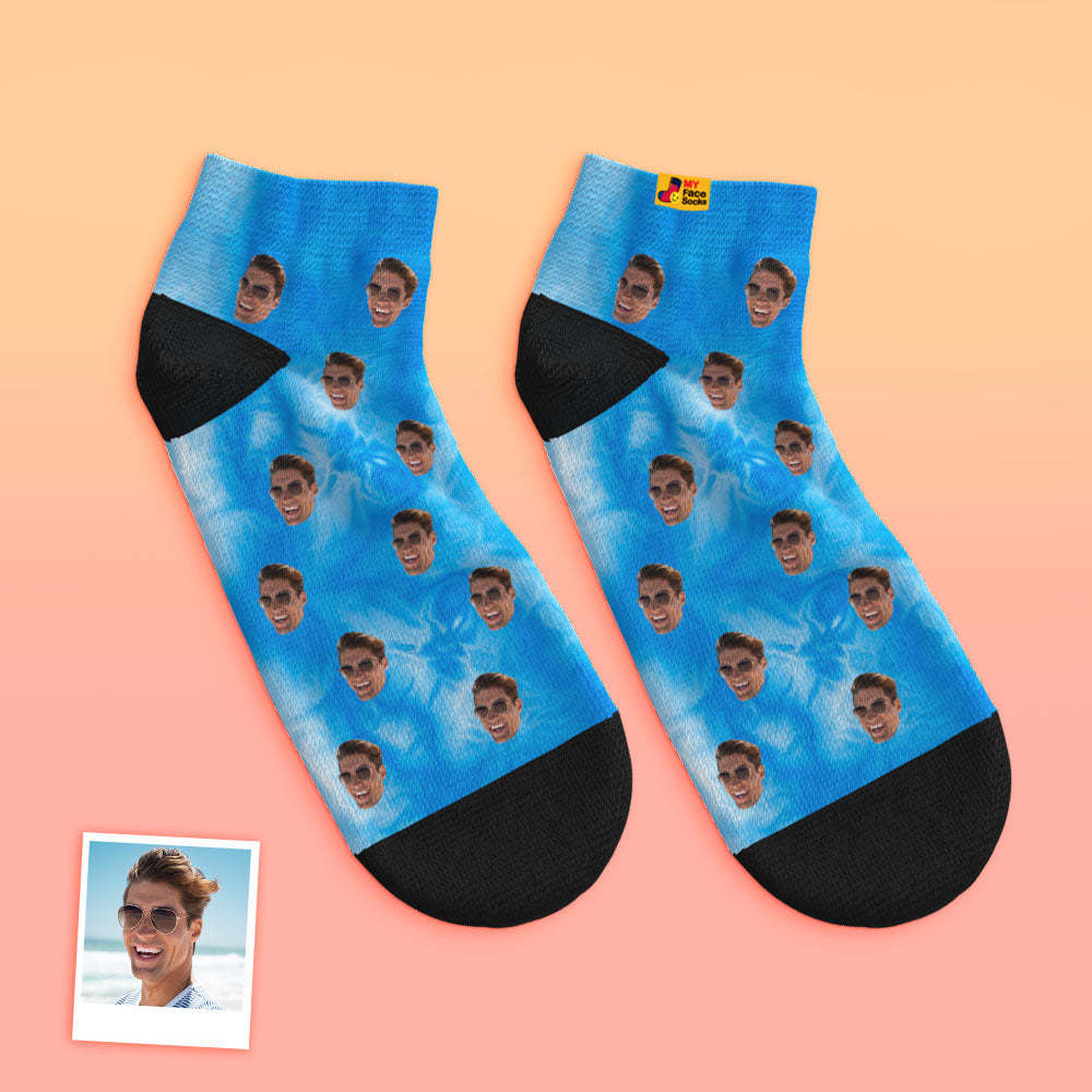 Custom Low cut Ankle Socks Personalised Face Socks Tie Dye Blue - MyFaceSocksUK