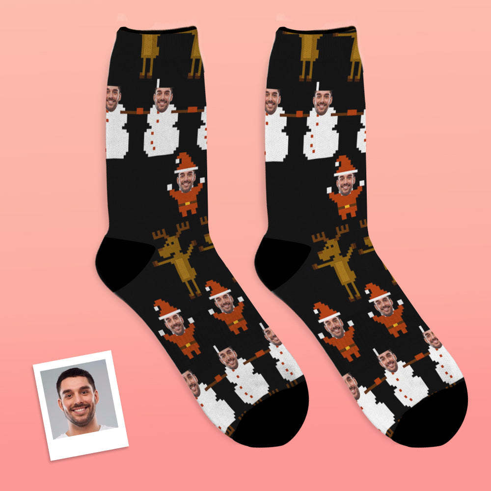 Custom Face Socks Breathable Photo Socks Christmas Pixel Pattern Socks - MyFaceSocksUK