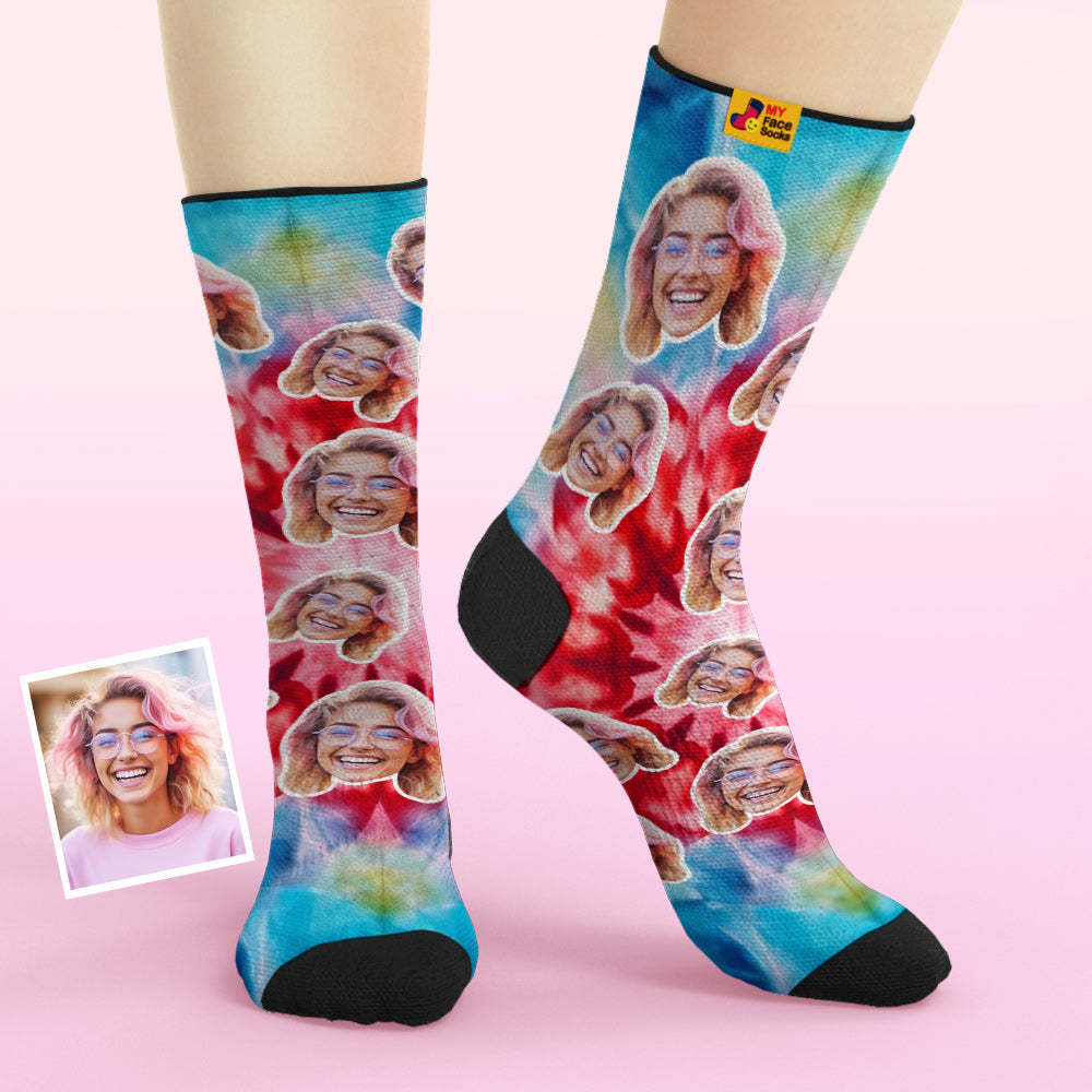 Custom Tie Dye Style Breathable Face Socks Personalised Soft Socks Gifts Ice Dye - MyFaceSocksUK