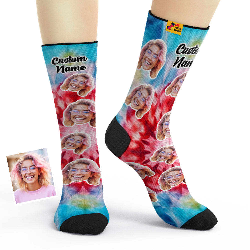 Custom Tie Dye Style Breathable Face Socks Personalised Soft Socks Gifts Ice Dye - MyFaceSocksUK