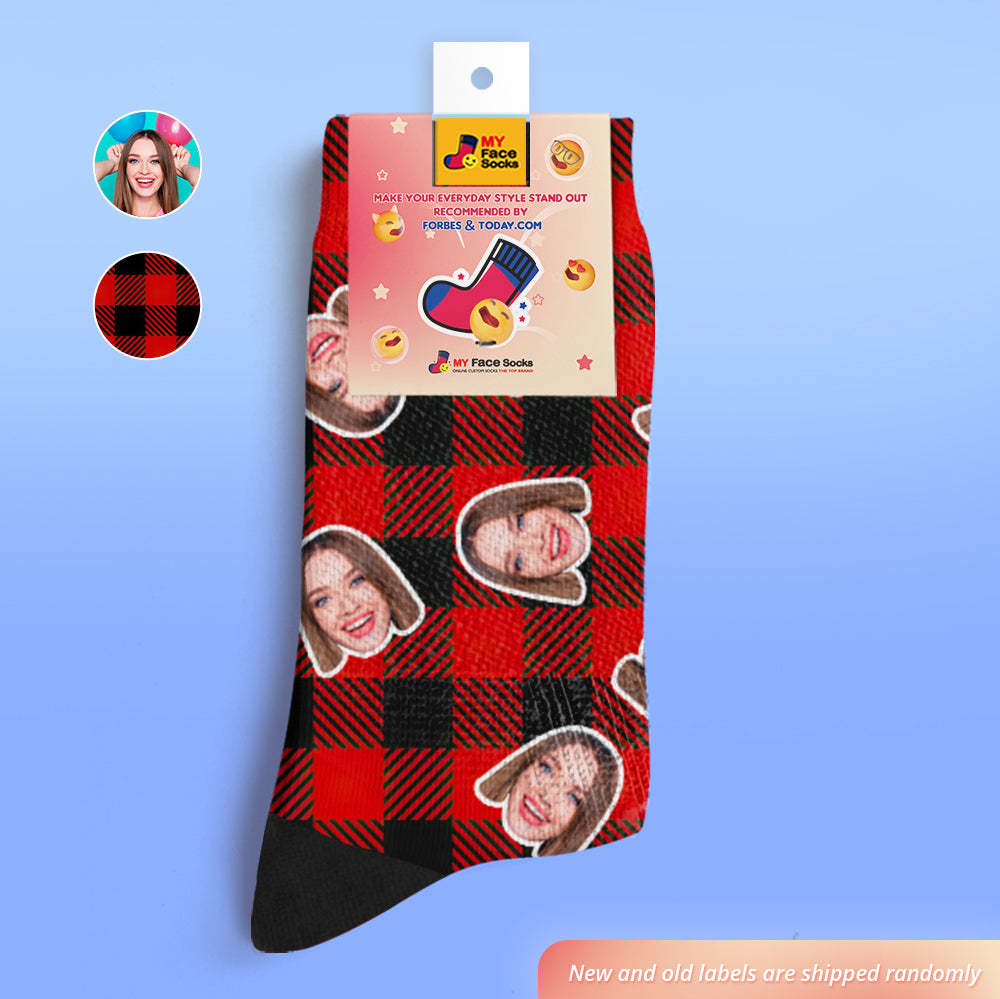 Custom Face Socks Add Pictures and Name Red Plaid Print Breathable Soft Socks - MyFaceSocksUK