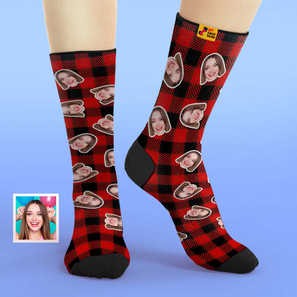 Custom Face Socks Add Pictures and Name Red Plaid Print Breathable Soft Socks - MyFaceSocksUK
