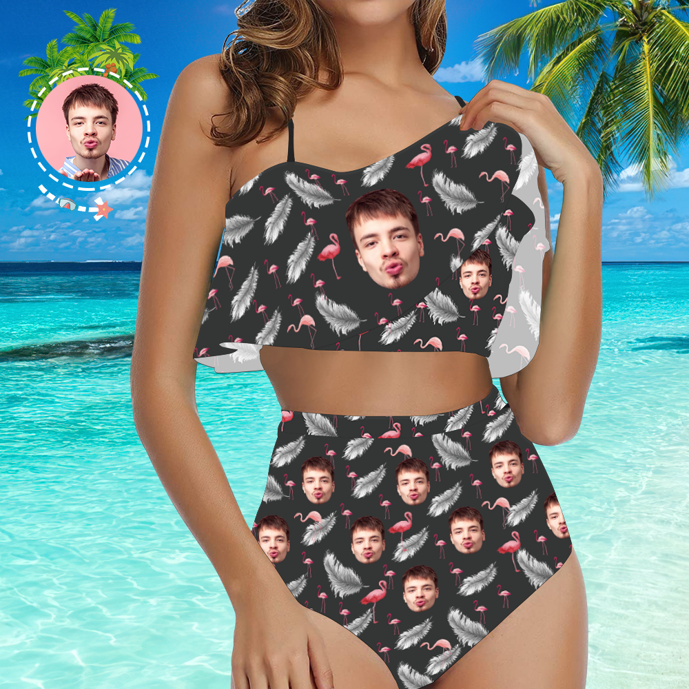 Custom Face Bikini Women's Ruffle Summer Bikini High Waisted Bathing Suits Gift For Her - Feather & Flamingo - MyFaceSocksUK