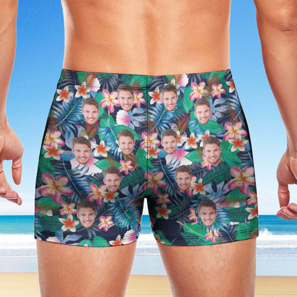 Custom Men's Swim Boxer Shorts, Hawaiian Face Swim Trunks, Peseronalized Swim Briefs - Colorful Flowers