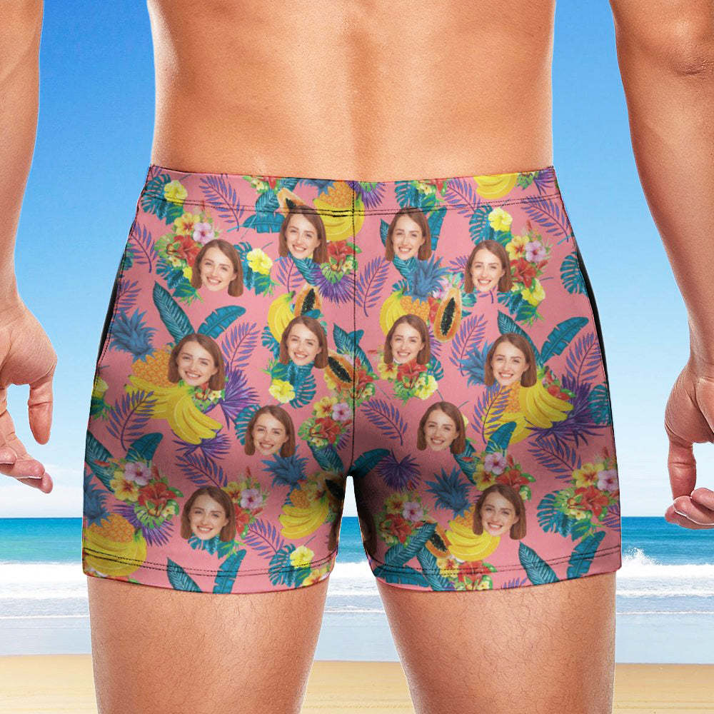 Custom Men's Swim Boxer Shorts, Hawaiian Face Swim Trunks, Peseronalized Swim Briefs - Pink Fruit