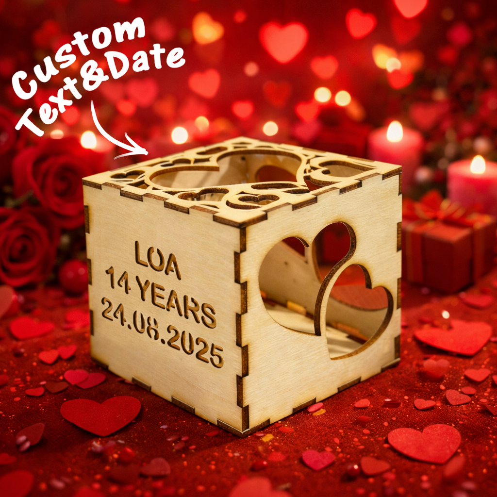 Valentine's Day Personalized Wooden Projection Night Light Cube – Custom Name, Age & Date | Heart Shadow Memory Lamp Gift for Anniversaries - MyFaceSocksUK