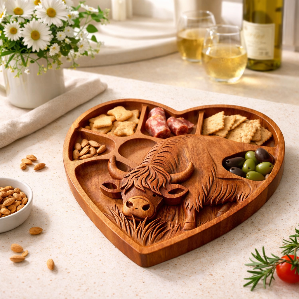 Highland Cow Wooden Charcuterie Board – Rustic Farmhouse Serving Tray – Cow & Heart Shaped Cheese Board - MyFaceSocksUK