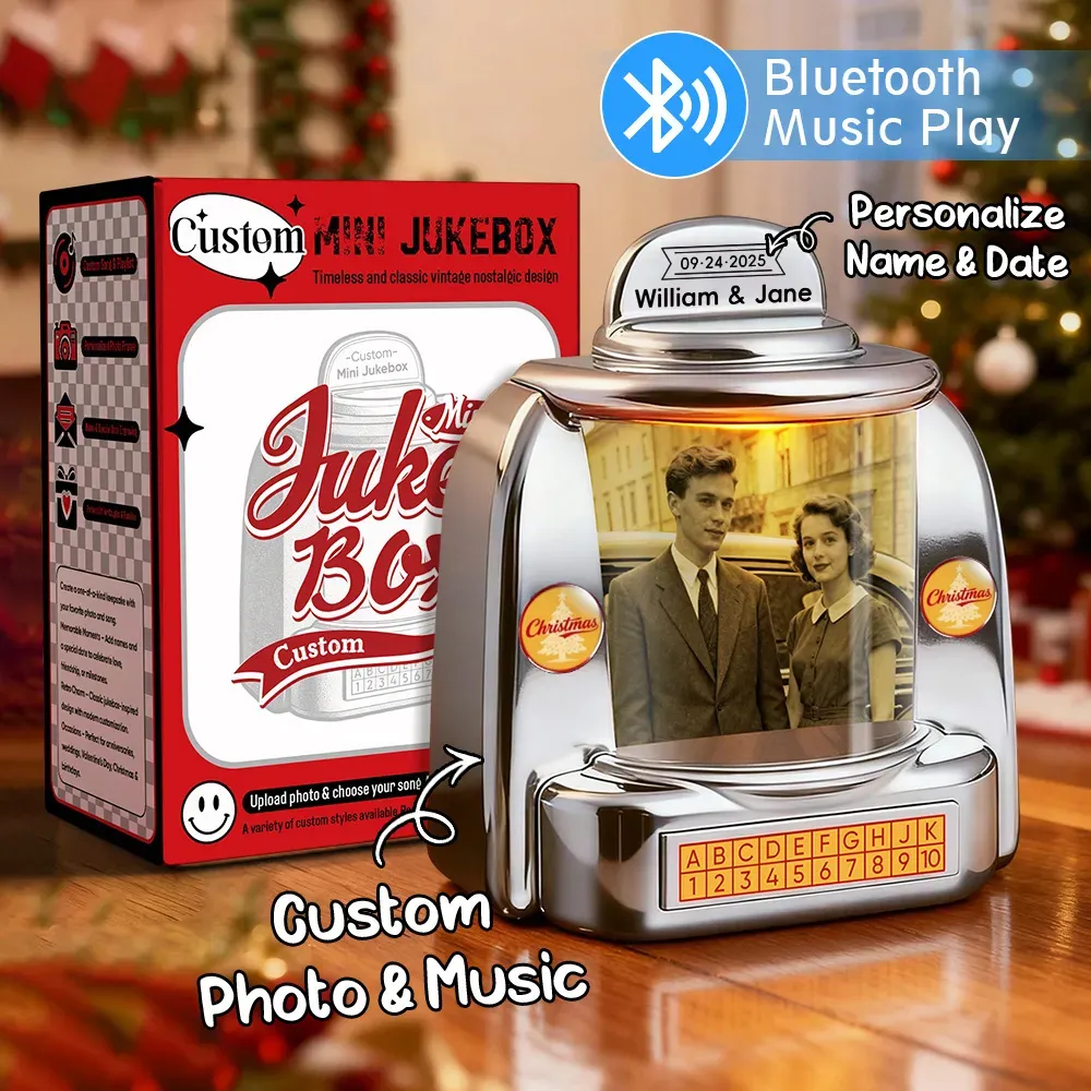 Custom Mini Jukebox Retro Speaker – Personalized Photo & 2 Songs Mini Player with Radio | Vintage Tabletop Home Decor Nostalgic Gift - MyFaceSocksUK