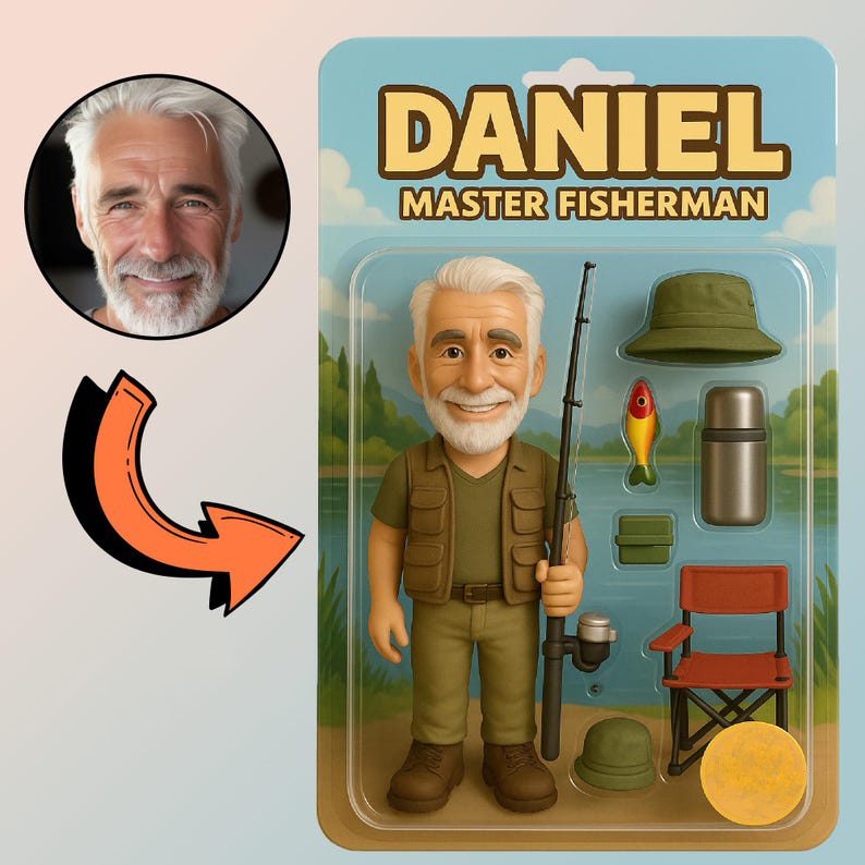Fully Body Customizable 3D Effect Action Figure Pack Packaging Toy Box Style Art Gift Personalized Acrylic Car Hanger Gift for Dad for Fishing Man - MyFaceSocksUK