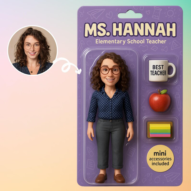 Fully Body Customizable 3D Effect Action Figure Pack Packaging Toy Box Style Art Gift Personalized Acrylic Car Hanger Gift for Teacher's Day for School - MyFaceSocksUK