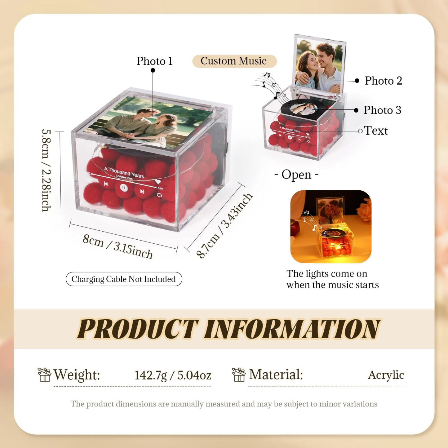 Premium Mini Music Record Auto-Music Player Custom Photo with Light Personalized Music Acrylic Box - MyFaceSocksUK