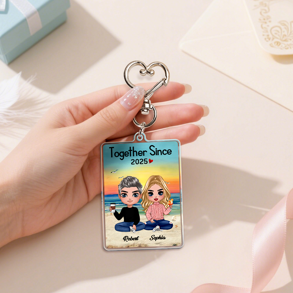 Custom Photo Keychain Personalized Couple Portrait Key Ring with Heart-Shaped Hook