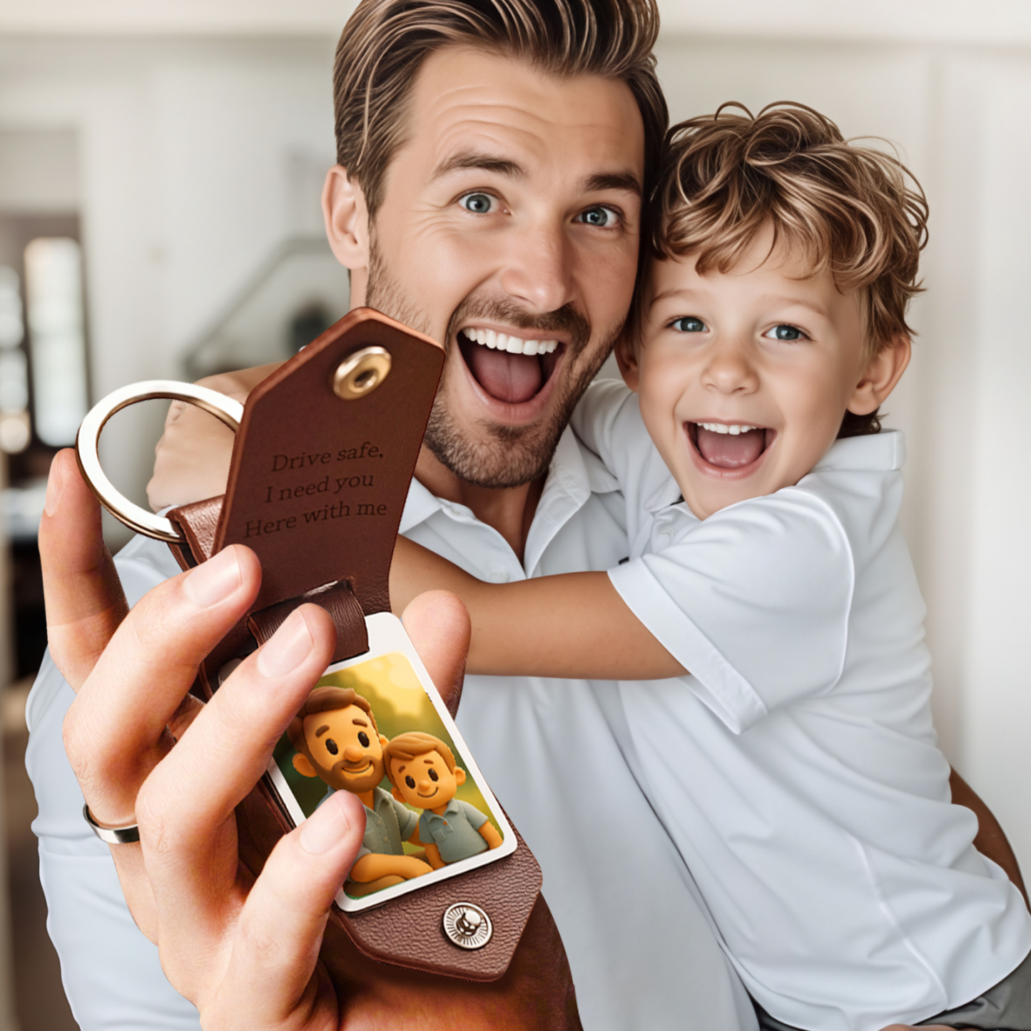 Personalized Leather Cartoon Photo Keychain Custom Engraved Text Commemorative Keychain Fathers Day Gifts - MyFaceSocksUK