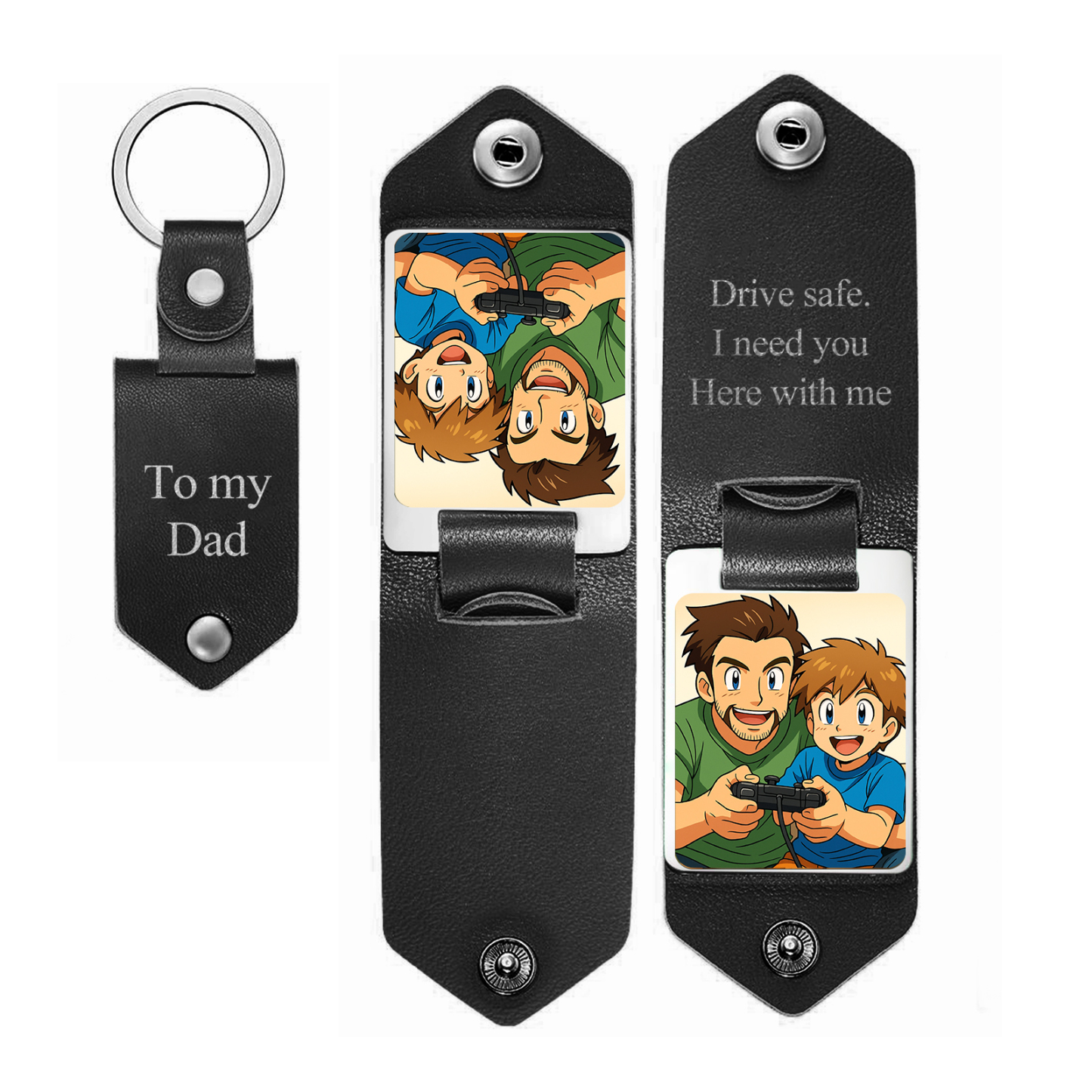 Personalized Leather Cartoon Photo Keychain Custom Engraved Text Commemorative Keychain Fathers Day Gifts - MyFaceSocksUK