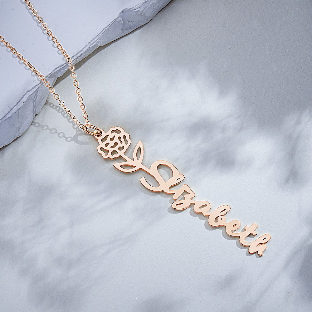 Personalized Birth Flower Name Pendant Stainless Steel Jewelry Gift No Rain No Flowers Necklace - MyFaceSocksUK
