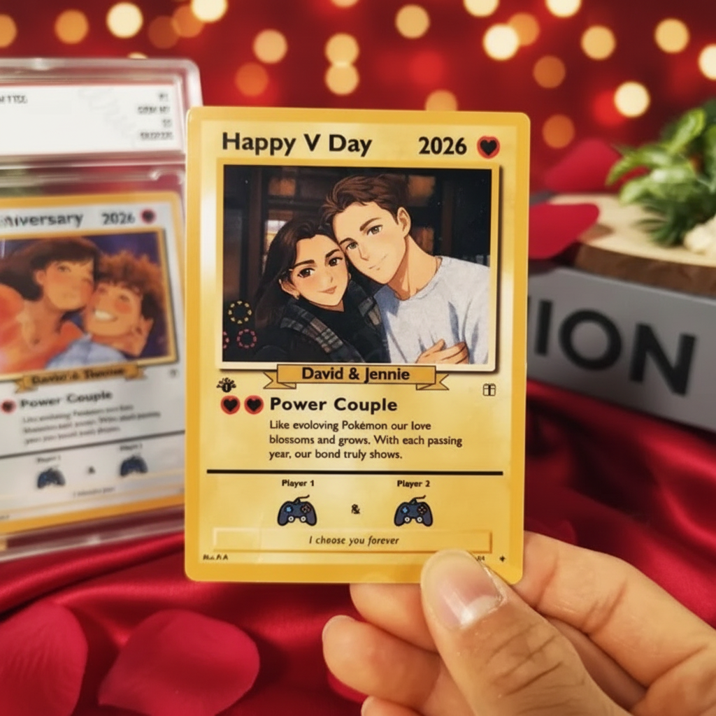 Personalized Valentine's Day Power Couple Card, Custom Anniversary Card Couple Photo Anime Style, Best Valentine's Day Gift for Lover - MyFaceSocksUK