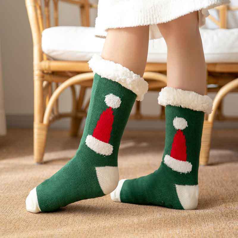 Christmas Socks Plush Coral Fleece Winter Home Floor Socks Green Slipper Socks - Santa Hat - MyFaceSocksUK