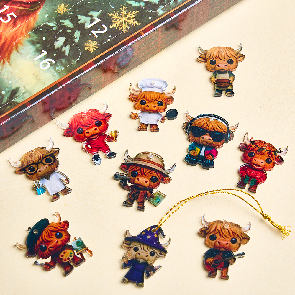 Scottish Highland Cow Advent Calendar | Christmas Countdown Blind Box Ornaments | 3D Acrylic & Rubber Tree Decorations | Holiday Gift for Family & Kids