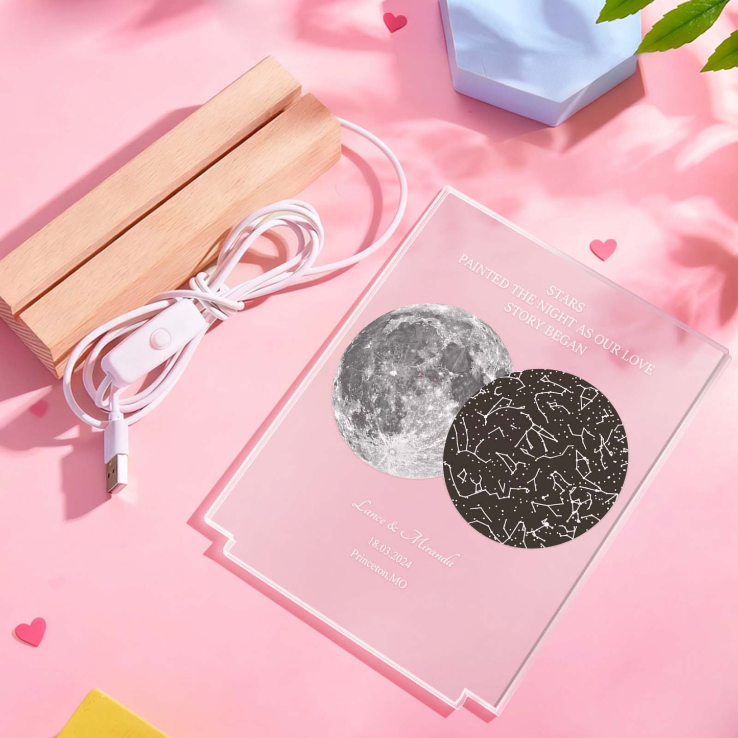 Personalized Moon & Star Map Acrylic Night Light – Custom Photo & Text Romantic Valentine's Gift - MyFaceSocksUK