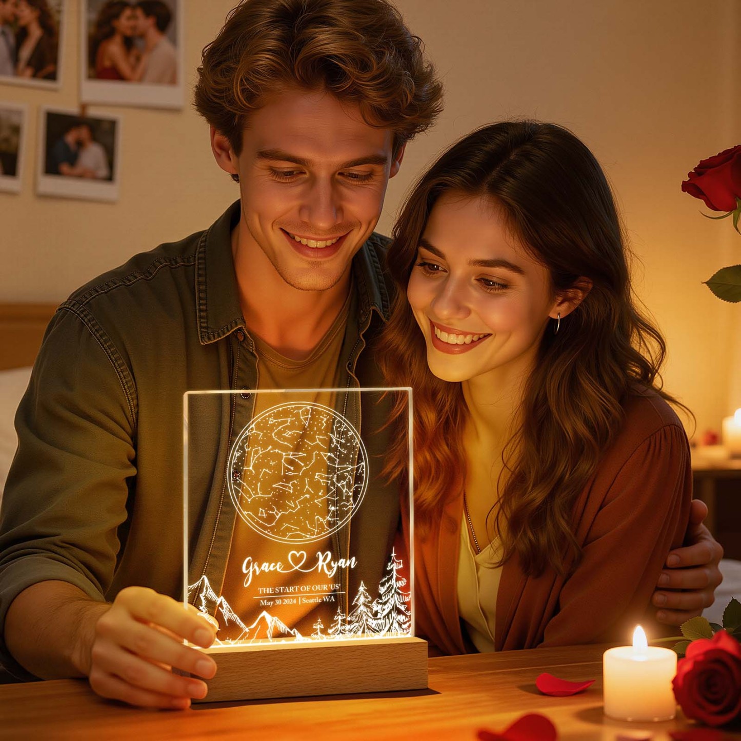 Personalized Moon & Star Map Acrylic Night Light – Custom Photo & Text Romantic Valentine's Gift - MyFaceSocksUK