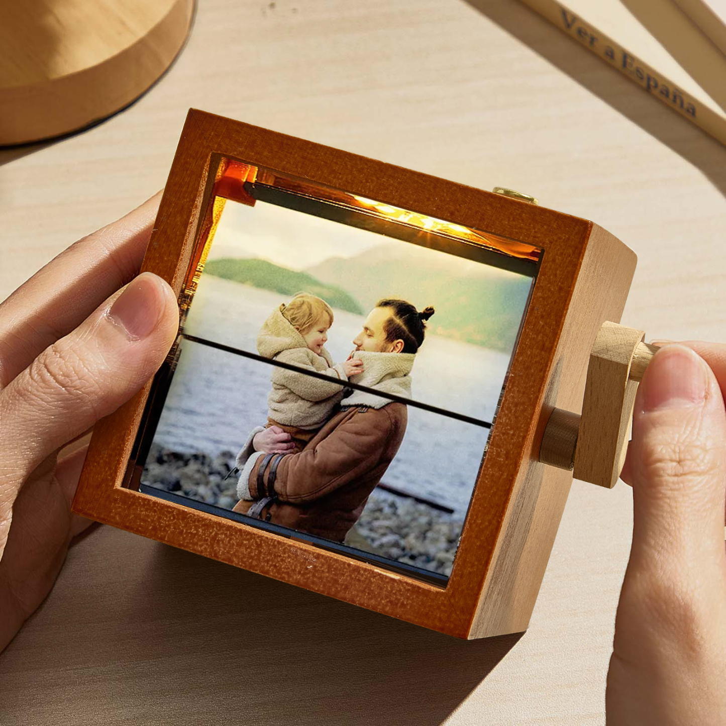 Custom Photo Flipbook Frame Animation Machine Mechanical Hand-cranked Flipbook Box with Light Black Walnut Valentine's Day Gifts - MyFaceSocksUK