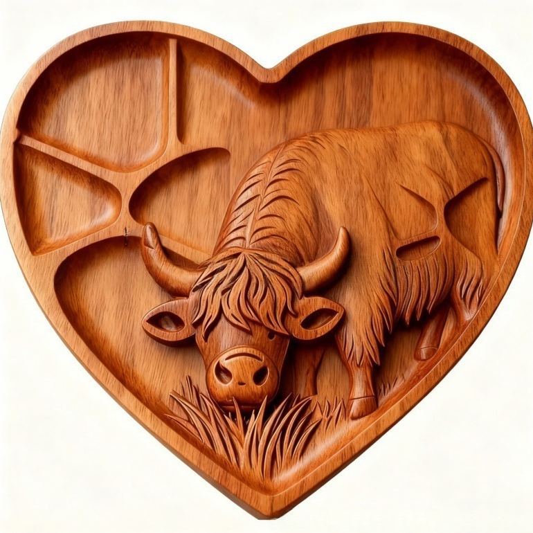Highland Cow Wooden Charcuterie Board – Rustic Farmhouse Serving Tray – Cow & Heart Shaped Cheese Board - MyFaceSocksUK