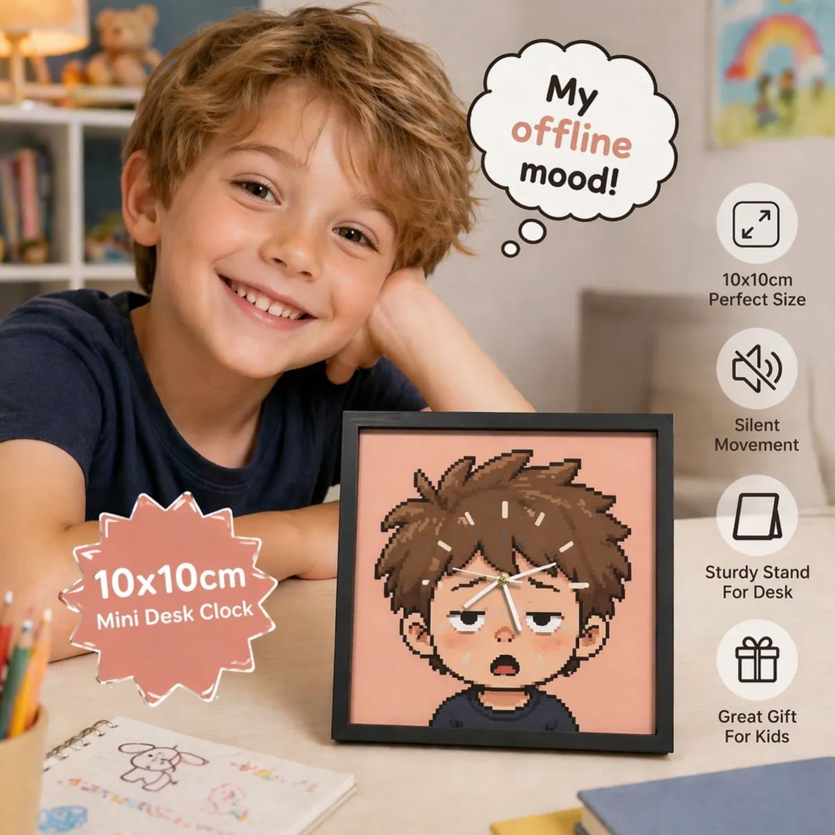 Custom Pixel Portrait Desk Clock for Kids Family  Funny Offline Mood Mini Table Clock Ornament Gift Idea - MyFaceSocksUK