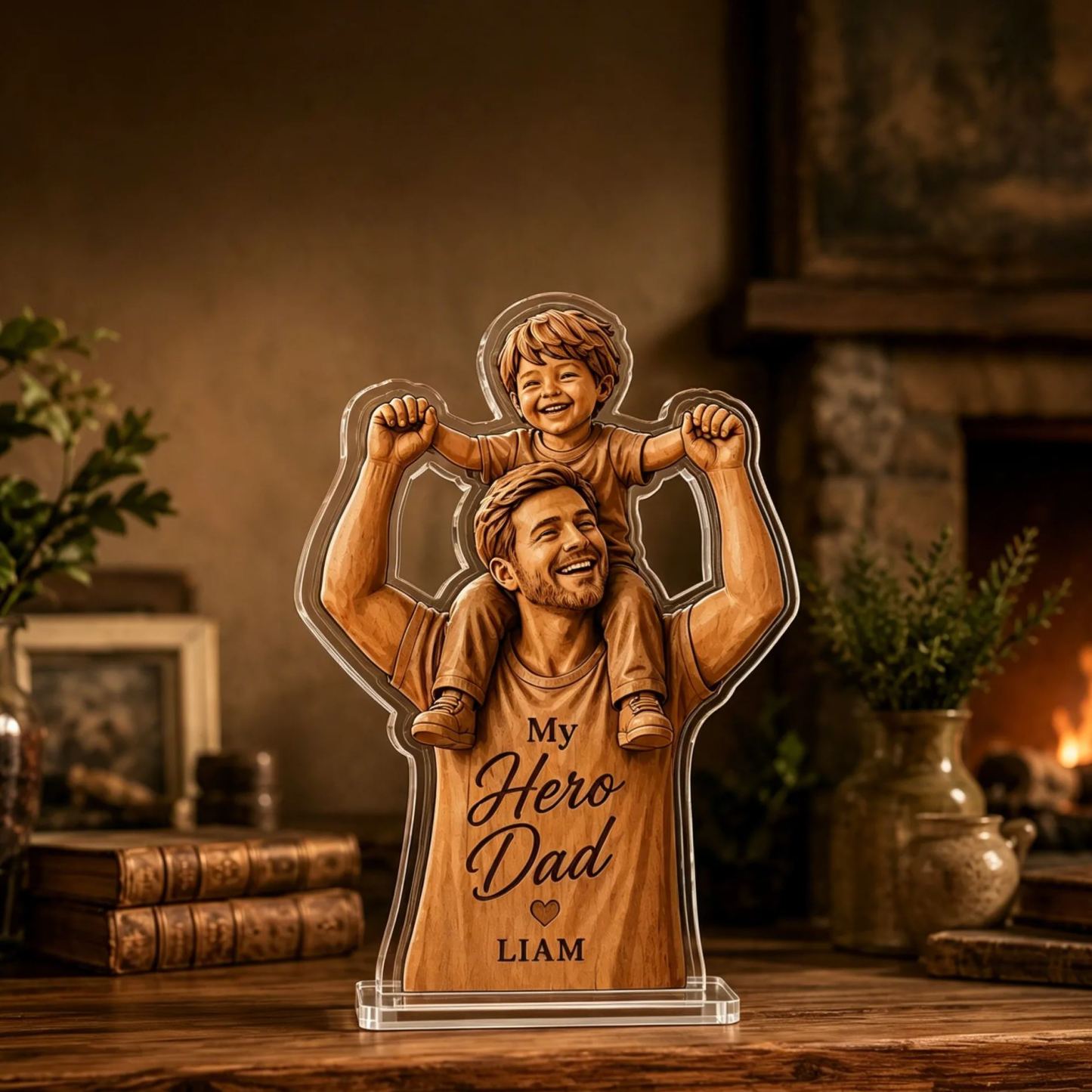 Personalized My Hero Dad 2D Acrylic Plaque, Custom Name Father Son Woodcut Style Keepsake, Thick Clear Acrylic Father’s Day Gift, Desk Decor for Dad - MyFaceSocksUK
