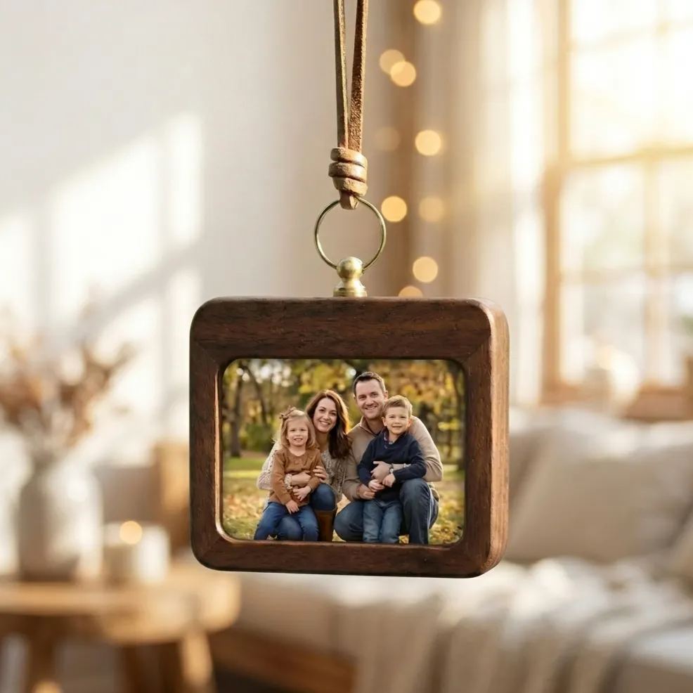 Personalized Walnut Photo Frame for Rear View Mirror Decoration | Anniversary gift for a couple, new family Fathers Day Gift - MyFaceSocksUK