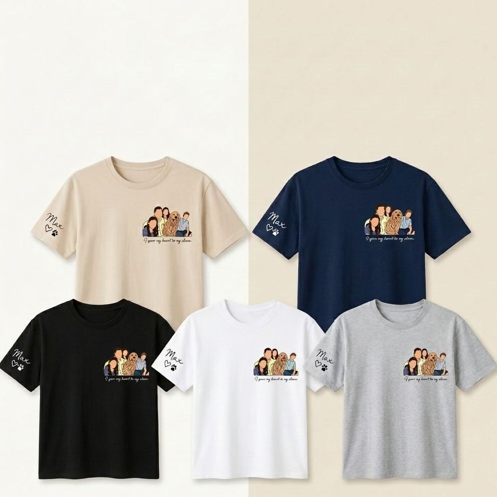 Personalized T Shirt Family Portrait with Custom Names On The Sleeve Perfect Gift for Family - MyFaceSocksUK