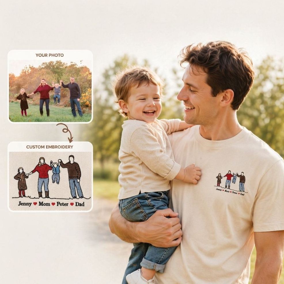 Personalized T-shirt Custom Embroidered Colorful Family Photo with Names Attractive Gift for Parents - MyFaceSocksUK