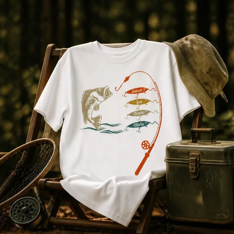 Dad/Grandpa Fishing with kids name Sublimation Shirt Fathers Day Gift T Shirt - MyFaceSocksUK