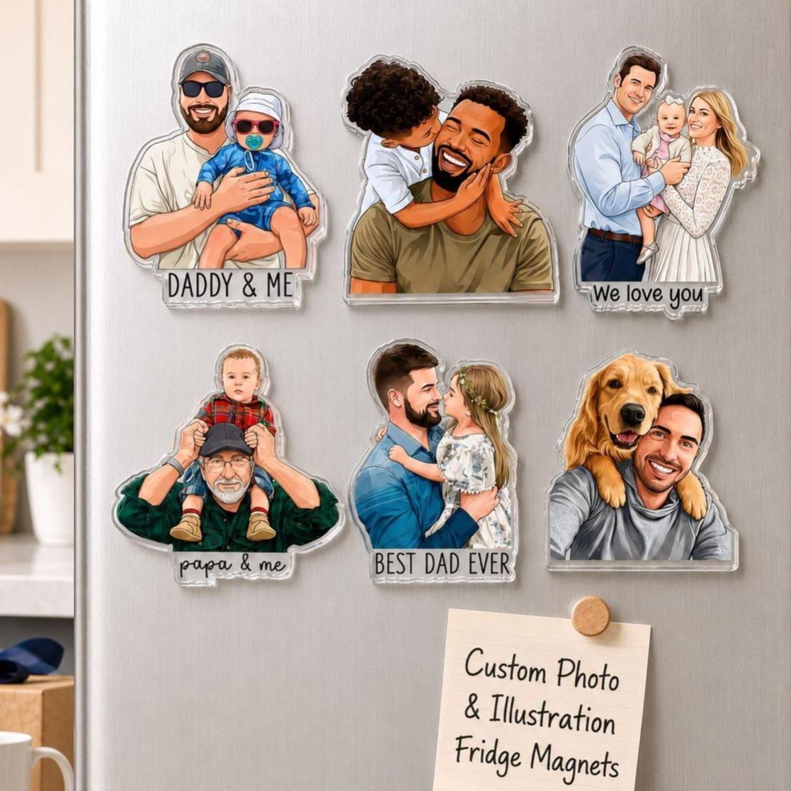 Personalized Portrait From Photo Dad And Kids Magnet: Custom Dad Photo Magnet, Fathers Day Gift For Dad, Gift For Husband, New Dad Gift - MyFaceSocksUK