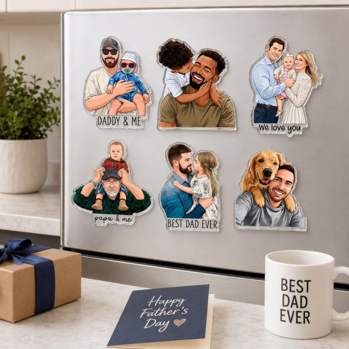 Personalized Portrait From Photo Dad And Kids Magnet: Custom Dad Photo Magnet, Fathers Day Gift For Dad, Gift For Husband, New Dad Gift - MyFaceSocksUK