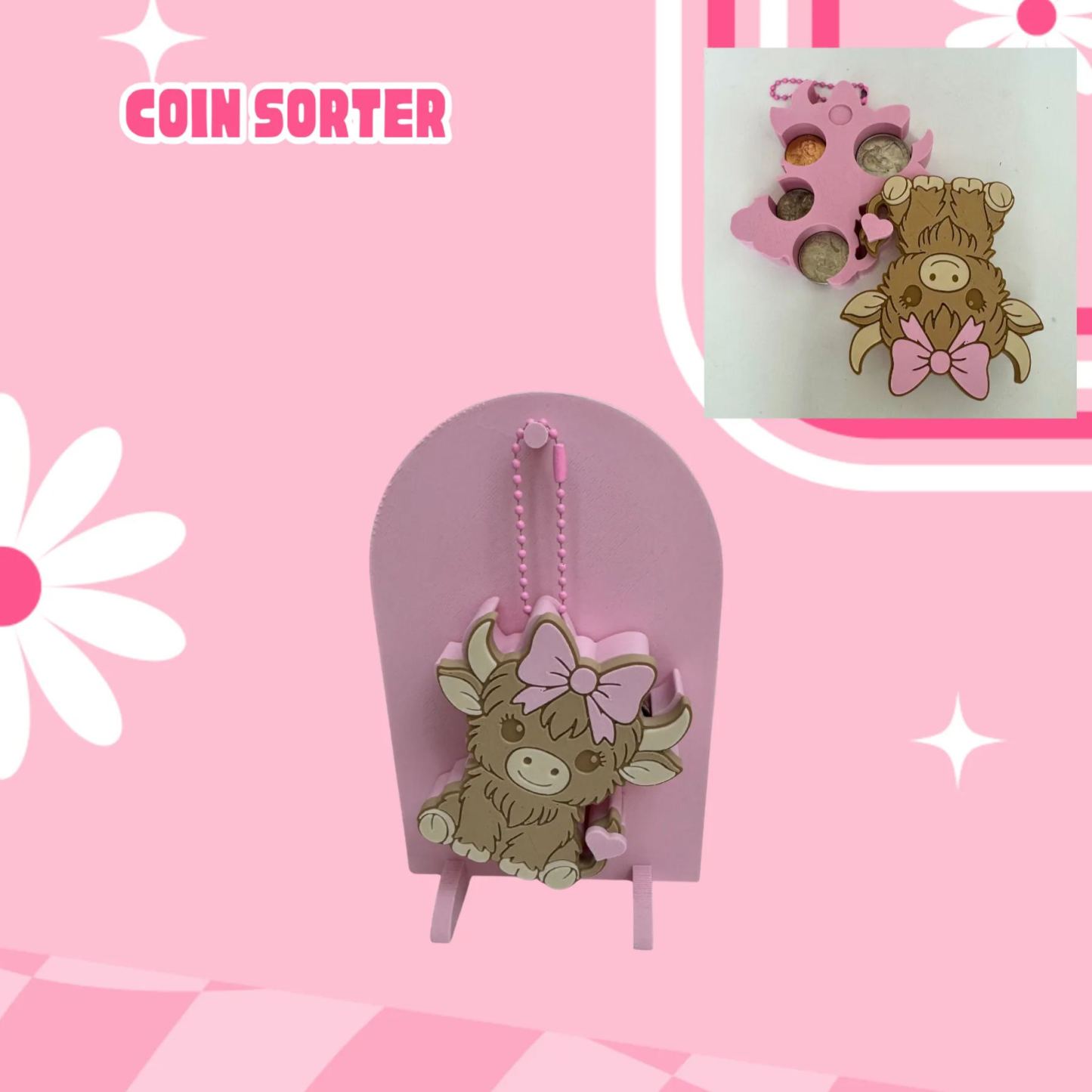 Coquette Highland Coin Sorter Coquette Highland Cow Coin Sorter, Cute Coin Holder Keychain, Pink Bow Cow Coin Organizer, Kawaii Money Sorting Gift for Women & Girls - MyFaceSocksUK